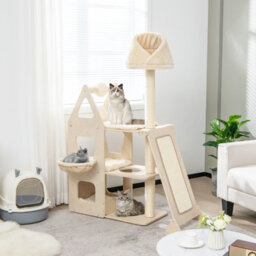 Costway Multi-Layer Cat Tree Wooden Cat Tower Cat Climbing Stand W/ Sisal Ramp & Cradle - thumbnail 4