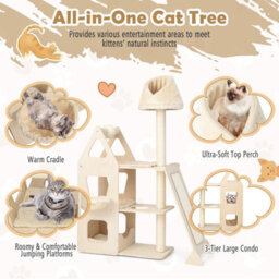 Costway Multi-Layer Cat Tree Wooden Cat Tower Cat Climbing Stand W/ Sisal Ramp & Cradle - thumbnail 6
