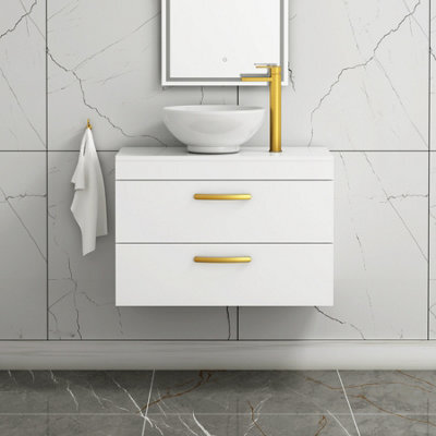 Royal Bathrooms 800mm Wall Hung Vanity Unit 2 Drawer Gloss White & Breeze Countertop Basin With Brushed Brass Handle - image 1