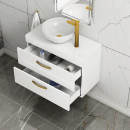 Royal Bathrooms 800mm Wall Hung Vanity Unit 2 Drawer Gloss White & Breeze Countertop Basin With Brushed Brass Handle - thumbnail 3