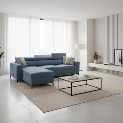 Baltico Mini Compact Corner Sofa Adjustable Headrests Pull Out Guest Bed Contemporary L Shaped Fabric Couch Light Blue Left - image 1