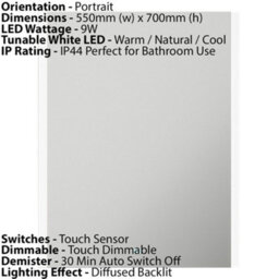 550 X 700mm Ip44 Led Bathroom Mirror Cabinet With Bluetooth Speaker And Touch Demister - thumbnail 2