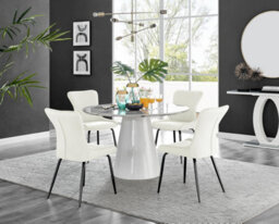 Furniturebox Uk Palma White Marble Effect Round Dining Table & 4 Cream Nora Black Leg Chairs