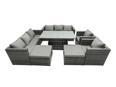 Fimous Rattan Dining Table Sofa Set With 2 Armchair 2 Stools Outdoor 10 Seat Garden Furniture Set Dark Grey Mixed - image 1