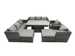 Fimous Rattan Dining Table Sofa Set With 2 Armchair 2 Stools Outdoor 10 Seat Garden Furniture Set Dark Grey Mixed - thumbnail 2