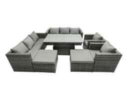 Fimous Rattan Dining Table Sofa Set With 2 Armchair 2 Stools Outdoor 10 Seat Garden Furniture Set Dark Grey Mixed - thumbnail 1