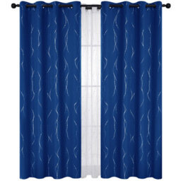 Deconovo Super Soft Silver Dotted Line Foil Printed Blackout Curtains Eyelet Bedroom Curtains W66 X L90 Inch Blue 2 Panels - thumbnail 2