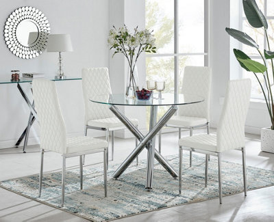Furniturebox Uk Selina Chrome Round Glass Dining Table And 4 White Milan Dining Chairs - image 1