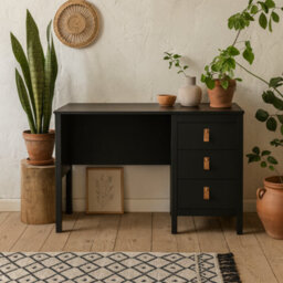 Wyld Haus Wildberry Matt Black Wooden Desk 3 Drawers Leather Handles - thumbnail 2