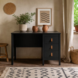 Wyld Haus Wildberry Matt Black Wooden Desk 3 Drawers Leather Handles