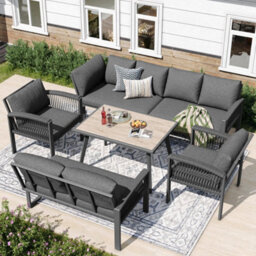Btm Outdoor Garden Lounge Set For 8 People Rope Furniture Set With Large Wood Grain Table Galvanized Iron Frame Adjustable Legs - thumbnail 3