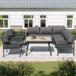 Btm Outdoor Garden Lounge Set For 8 People Rope Furniture Set With Large Wood Grain Table Galvanized Iron Frame Adjustable Legs - thumbnail 5
