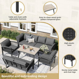 Btm Outdoor Garden Lounge Set For 8 People Rope Furniture Set With Large Wood Grain Table Galvanized Iron Frame Adjustable Legs - thumbnail 9