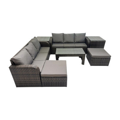 Fimous Rattan Garden Outdoor Furniture Set 3 Seater Sofa Coffee Table With 2 Big Footstools 2 Side Tables Dark Grey Mixed - image 1