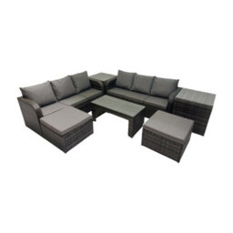 Fimous Rattan Garden Outdoor Furniture Set 3 Seater Sofa Coffee Table With 2 Big Footstools 2 Side Tables Dark Grey Mixed - thumbnail 2