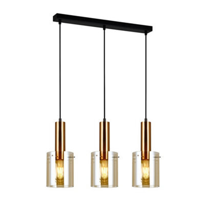 Luminosa Lighting Luminosa Modern Hanging Pendant Brass 3 Light  With Amber Shade, E27