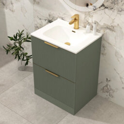 Royal Bathrooms Evora 700mm Sage Green Fluted Floor Standing Vanity Unit 2 Drawer With Ceramic Basin Sink & Brushed Brass Handles - thumbnail 5