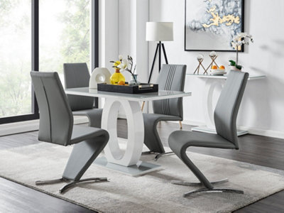 Furniturebox Giovani Rectangular 4 Seat White High Gloss Unique Halo Base Dining Table Grey Glass Top 4 Grey Faux Leather Willow Chairs - image 1
