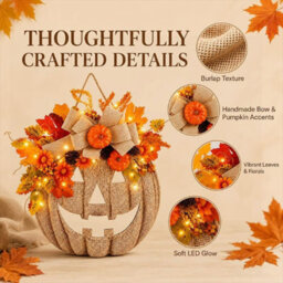 Amorly Lighted Burlap Pumpkin Wreath, Rustic Fall Front Door Wreath With Autumn Florals, Halloween Thanksgiving Covered Porch Decor - thumbnail 4