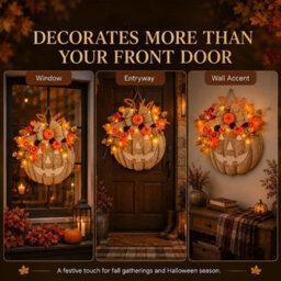 Amorly Lighted Burlap Pumpkin Wreath, Rustic Fall Front Door Wreath With Autumn Florals, Halloween Thanksgiving Covered Porch Decor - thumbnail 5