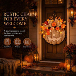 Amorly Lighted Burlap Pumpkin Wreath, Rustic Fall Front Door Wreath With Autumn Florals, Halloween Thanksgiving Covered Porch Decor - thumbnail 3