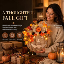 Amorly Lighted Burlap Pumpkin Wreath, Rustic Fall Front Door Wreath With Autumn Florals, Halloween Thanksgiving Covered Porch Decor - thumbnail 6