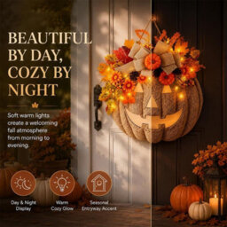 Amorly Lighted Burlap Pumpkin Wreath, Rustic Fall Front Door Wreath With Autumn Florals, Halloween Thanksgiving Covered Porch Decor - thumbnail 2