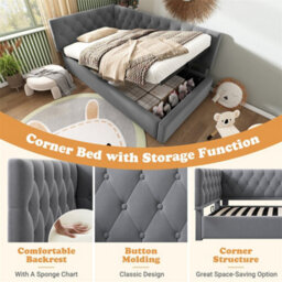 Abrihome Velvet Daybed With Hydraulic Storage (90X190Cm), Ottoman Single Sofa Bed & Metal Slatted Frame, Grey  (No Mattress) - thumbnail 4