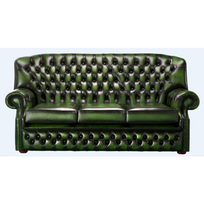 Chesterfield 3 Seater Antique Green Leather Sofa Bespoke In Monks Style - image 1