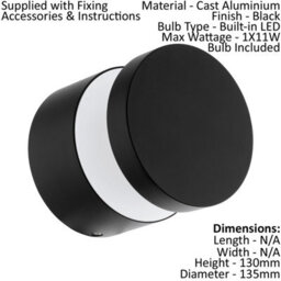 Stylish Ip44 Outdoor Wall Light - Black Aluminium Round Led Porch Lamp - thumbnail 2
