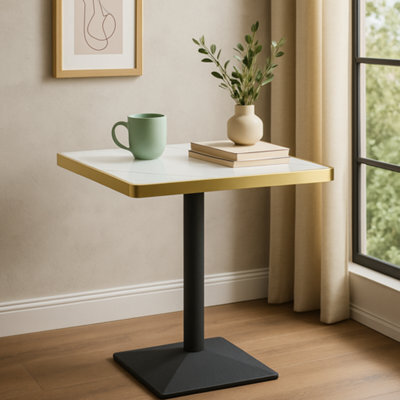 70Cm Square White Marble Effect Bistro Table With Brushed Gold Edge & Square Pedestal Base Dining Table For Home, Cafe, Resturant - image 1