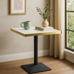 70Cm Square White Marble Effect Bistro Table With Brushed Gold Edge & Square Pedestal Base Dining Table For Home, Cafe, Resturant