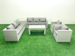 Fimous Outdoor Garden Furniture Rattan Sofa Set 2 Armchairs Oblong Coffee Table Side Table Light Grey - thumbnail 2