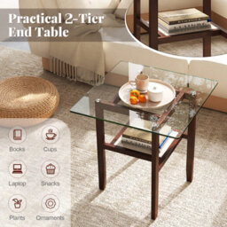Gainoom 61Cm Brown Square Glass Side Table 2-Tier End Table W/ Storage Shelf - thumbnail 6