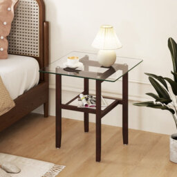 Gainoom 61Cm Brown Square Glass Side Table 2-Tier End Table W/ Storage Shelf - thumbnail 9