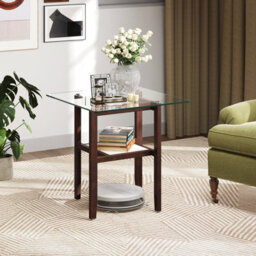 Gainoom 61Cm Brown Square Glass Side Table 2-Tier End Table W/ Storage Shelf - thumbnail 8