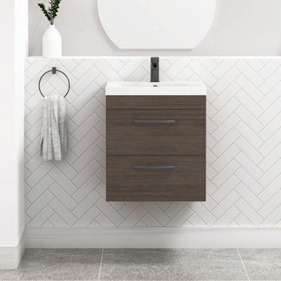 Royal Bathrooms Turin Grey Elm 500mm Wall Hung Vanity Unit 2 Drawer With Mid-Edge Basin Sink & Matt Black Handles - image 1