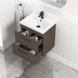 Royal Bathrooms Turin Grey Elm 500mm Wall Hung Vanity Unit 2 Drawer With Mid-Edge Basin Sink & Matt Black Handles - thumbnail 3