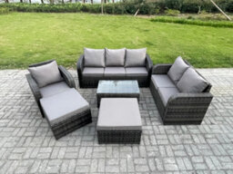 Fimous 8 Seater Garden Furniture Set Rattan Outdoor Lounge Sofa Chair With Tempered Glass Table Footstool Dark Grey Mixed - thumbnail 2