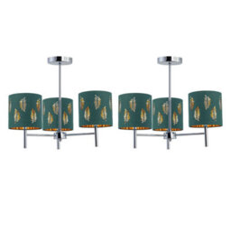 First Choice Lighting Set Of 2 Brea - Chrome 3 Light Fittings With Dark Green Fern Shades - thumbnail 1