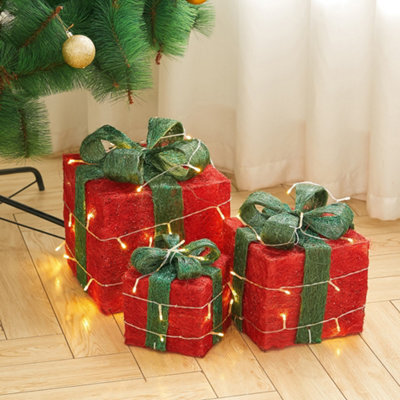 Living And Home Set Of 3 Glitter Led Lighted Christmas Square Gift Box Present Boxes Xmas Tree Decor With Bow - image 1