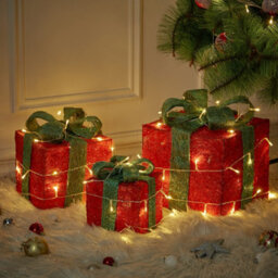 Living And Home Set Of 3 Glitter Led Lighted Christmas Square Gift Box Present Boxes Xmas Tree Decor With Bow - thumbnail 4