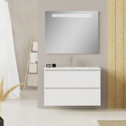 Banyetti Linea Matt White Ribbed Double Drawer Wall Hung Vanity Unit 1000mm X 390mm - thumbnail 1