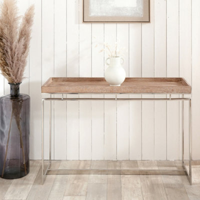 Pacific Lifestyle Antique Mango Wood Console Table With Silver Stainless Steel Frame And Lipped Top 115Cm, Evelyn - image 1