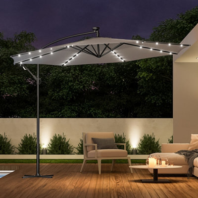 Living And Home 3M Led Lighted Large Garden Cantilever Patio Parasol Sun Shade Banana Umbrella Crank Tilt With Cross Base, Light Grey - image 1