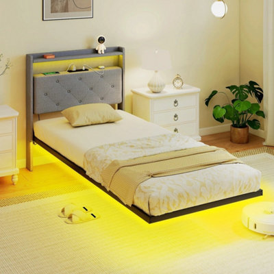 Single Bed Frame With Rgb Led Lights, Floating Upholstered Bed - image 1