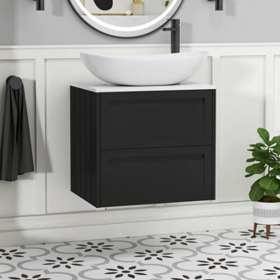 Royal Bathrooms Royal Bathroom Elmore 600mm Matt Nocturne Black Wall Mounted Bathroom Vanity Unit 2 Drawer Plain White Worktop With Cesar Basin - image 1