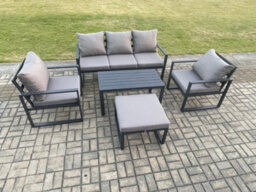 Fimous Aluminium Outdoor Furniture Set 6 Seater Garden Sofa With Oblong Coffee Table Big Footstool 2 Armchairs Dark Grey - thumbnail 1