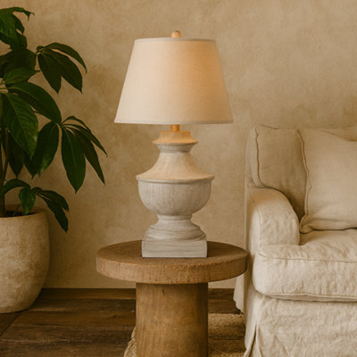 Wyld Haus Rochefort Grey-Washed Wide Table Lamp With Cream Linen Shade - image 1