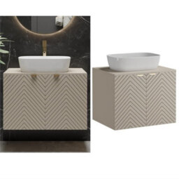 Impact Furniture Vanity Unit With Basin 600mm Wall Hung Bathroom Sink Cabinet With Countertop Fluted Ribbed Beige Cashmere Cara
